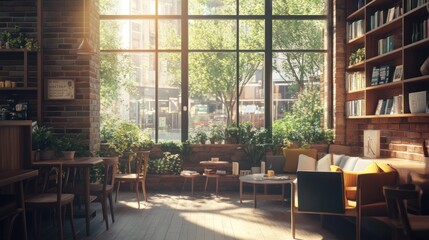 Fototapeta premium Sunlit Coffee Shop Reading Nook with Bookshelves and Large Windows with Outdoor Views