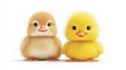Adorable Fluffy Ducklings Standing Together on a White Background with Soft Lighting and Vibrant Colors