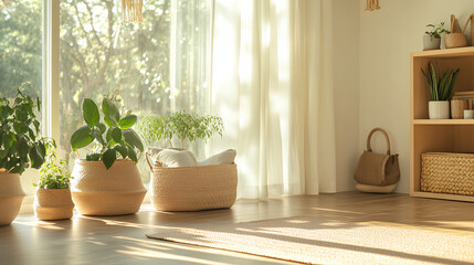 Minimalist Living Room with Woman Stretching in Golden Morning Light