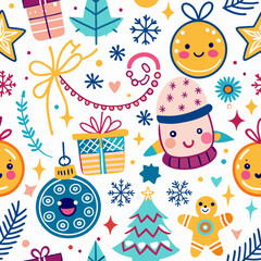 Cheerful Christmas seamless pattern with gifts, ornaments, and snowflakes.