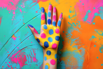 Colorful hand with polka dot paint on vibrant abstract background