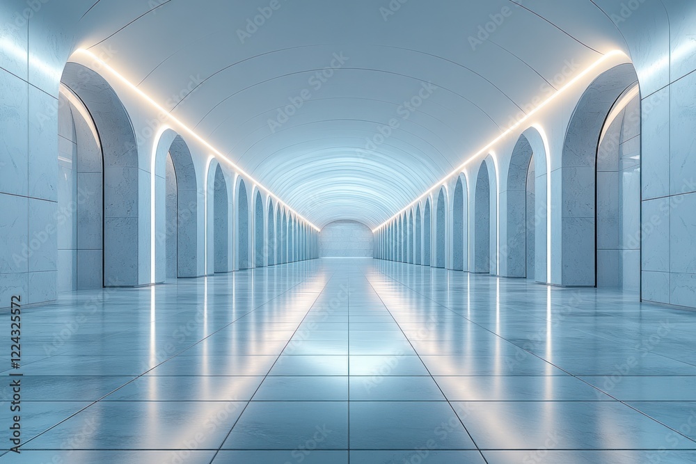 Poster Minimalist Architectural Exhibition Space with Large Blank Screen and Ambient Lighting