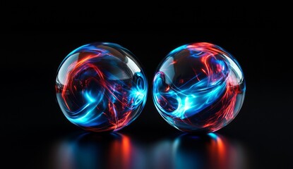 Two glowing spheres with vibrant red and blue energy swirling inside, set against a black background.