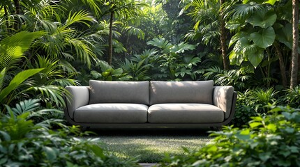 A modern sofa is placed in the middle of a jungle/thick forest