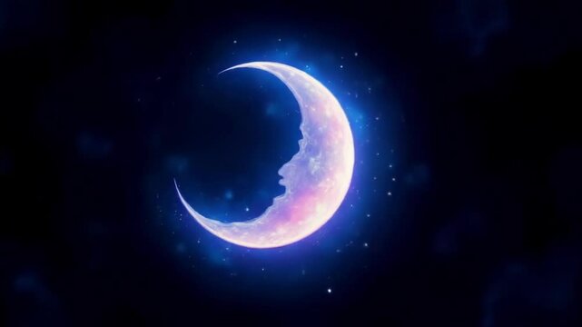 A whimsical crescent moon surrounded by stars on a dark blue background.
