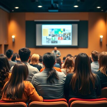 
Las espaldas de ocho estudiantes hispanos, dos estudiantes asi&aacute;ticos y dos estudiantes universitarios blancos escuchando una conferencia de un profesor hispano.