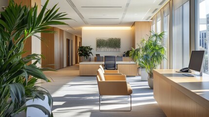 Fototapeta premium Modern office space with clean lines, natural light and potted plants for a tranquil work environment