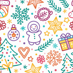 Colorful Christmas seamless pattern with hand-drawn elements.