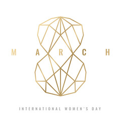 8 March number concept made from lines. 8 type design for flyer, postcard, poster or banner. International Womens Day emblem.