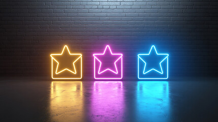 Fototapeta premium Three Neon Stars in Square Boxes Illuminated Against a Dark Brick Wall