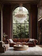 Fototapeta premium A luxurious living room with a crystal chandelier, velvet drapes, and gold accents.