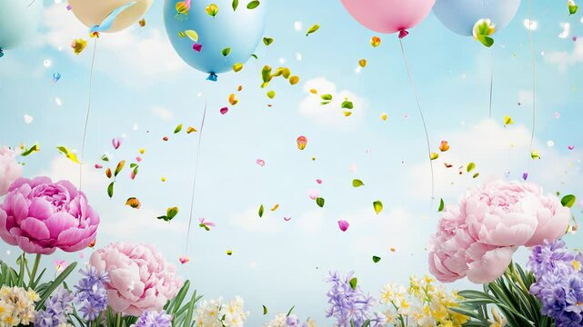 Colorful balloons and flower petals flutter in a vibrant spring celebration