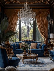 Obraz premium A luxurious living room with a crystal chandelier, velvet drapes, and gold accents.