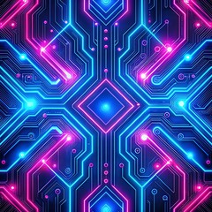 Fototapeta premium Colorful computer circuit board with neon lights. Seamless pattern