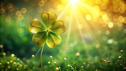 A golden four-leaf clover glowing against a green background