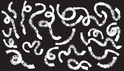 Set of wide curved grunge brush strokes. Hand drawn vector black wavy smears isolated on white background. Grunge shapes and silhouettes for your design. Brush stroke lines, bold s-shapes strokes