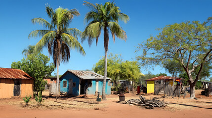 Obraz premium Rustic Village Landscape with Palm Trees and Traditional Huts under Clear Blue Sky : Generative AI