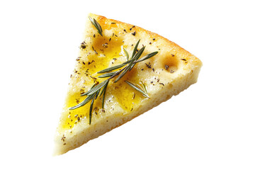 Slice of rosemary focaccia bread drizzled with olive oil isolated on white or transparent, PNG