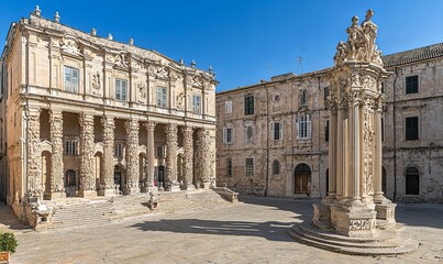 Lecce, Italy Piazza Duomo with cathedral, column statue under blue sky