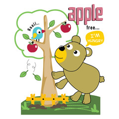 Cartoon bear reaching for apples on tree with bird and playful design. Nature and hunger concept
