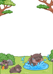 Fototapeta premium Frame of cute pygmy hippo cartoon illustration