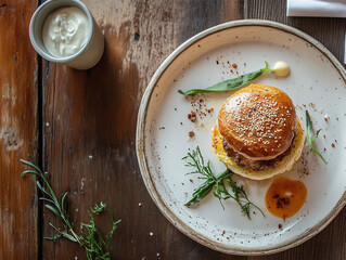 A delicious cheeseburger loaded with meat and vegetables, served in a cozy cafe or restaurant