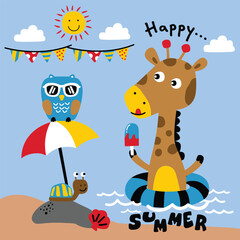 Cartoon giraffe in swim ring with owl and snail on sunny beach. Summer vacation concept
