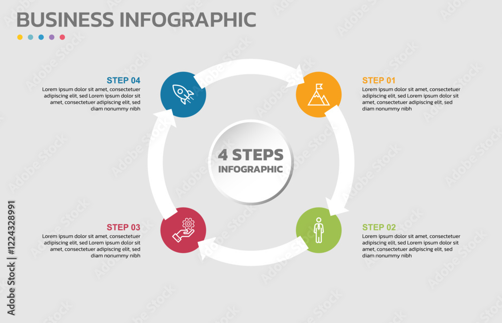 Poster Visual data presentation. Cycle diagram with 4 options. Pie Chart Circle infographic template with 4 steps, options, parts, segments. Business concept. Editable pie chart with sectors.