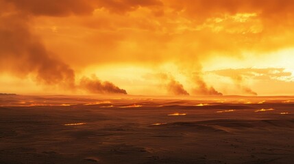 Fototapeta premium Flames dance across the desert sand as the sun sets, illuminating the horizon with hues of orange and gold. Smoke rises, creating a dramatic contrast against the fiery sky