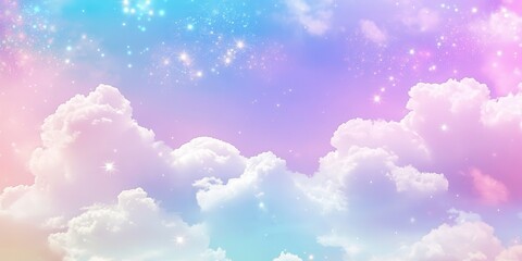 A Dreamy Sky of Pastel Hues with Glittering Stars and White Fluffy Clouds