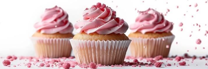 Three pink frosted cupcakes with sprinkles falling around them. AI generative. .
