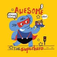 Cartoon elephant dressed as superhero lifting car on yellow background. Super strength concept
