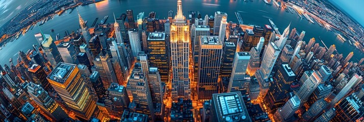 Aerial view of New York City at night with a fisheye lens. AI generative. .