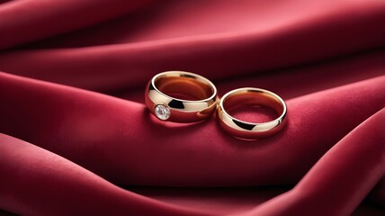 A romantic composition featuring two intertwined wedding rings resting on plush red velvet fabric, with a blurred backdrop for text placement.
