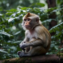Obraz premium A young monkey sits on a moss-covered branch in a lush green forest.