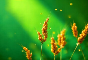 Fototapeta premium Golden Wheat Splashes: A Vibrant Harvest Close-Up. Sunlit stalks of ripe wheat stand tall against a lush green background, water droplets sparkling, signifying abundance and the bounty of nature's ha