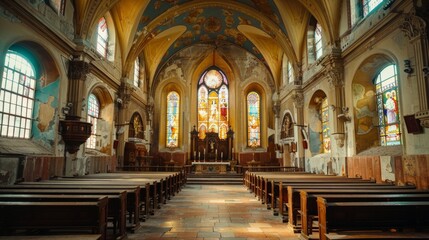 Rows of wooden pews in a church with stained glass windows and faded murals on the walls. AI generative. .
