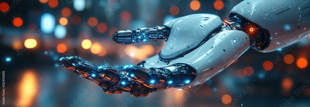 Aufkleber Futuristic Robot Hovering in Hand with Neon Lights for AI Data Exchange and Connection in Online Networks