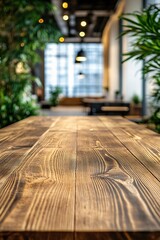 Rustic wooden table foreground with blurred indoor plants and lights in a modern cafe setting