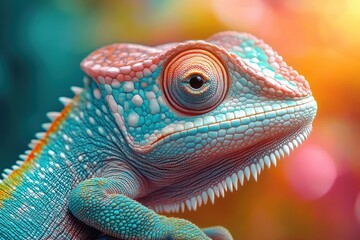 Fototapeta premium Close Up of a Colorful Chameleon with Intricate Patterns and Textures in Hyper Realistic Style