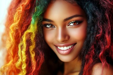 Fototapeta premium Long haircut - multicolored hair. Commercial commercial conceptual art. Attractive happy black girl - for ads, lane poster and social web ad use. African american portrait shoot.