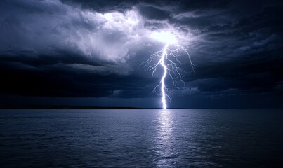 Lightning strike over dark ocean with dramatic storm clouds, ideal for nature or weather themes