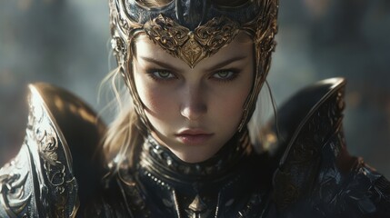 A Female Warrior in Ornate Golden Armor, Close-Up Portrait, Fantasy Art, Digital Painting, Strong Gaze, Intricate Details, Majestic Helmet, Powerful Woman, Game Character, Epic Fantasy