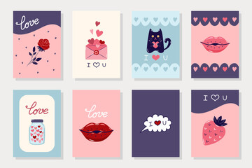 Happy Valentine's Day Cards large collection. 8 Simple cute greeting cards in pastel colors. Vector illustration.