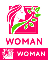 Elegant woman logo design featuring a pink and green theme with flowing hair and leaves, ideal for beauty, wellness, fashion, nature, eco-friendly brands, or female empowerment projects