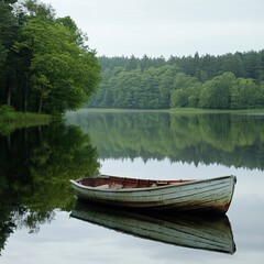 Serene lake with a weathered rowboat reflecting in calm water, surrounded by lush green trees.