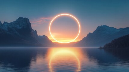 Serene Twilit Landscape with Glowing Halo over Tranquil Water and Silhouetted Mountains