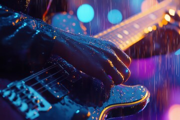 guitarist's hands, raindrops glistening on electric guitar with neon reflections