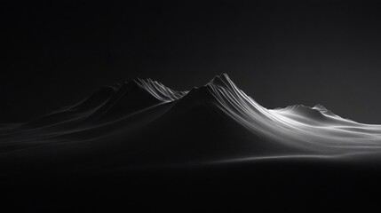 Monochrome mountain range landscape, dark background, light illuminating peaks, suitable for website banners or desktop wallpapers