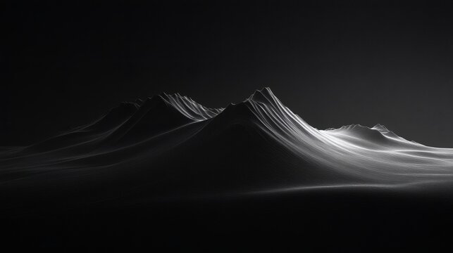 Monochrome mountain range landscape, dark background, light illuminating peaks, suitable for website banners or desktop wallpapers